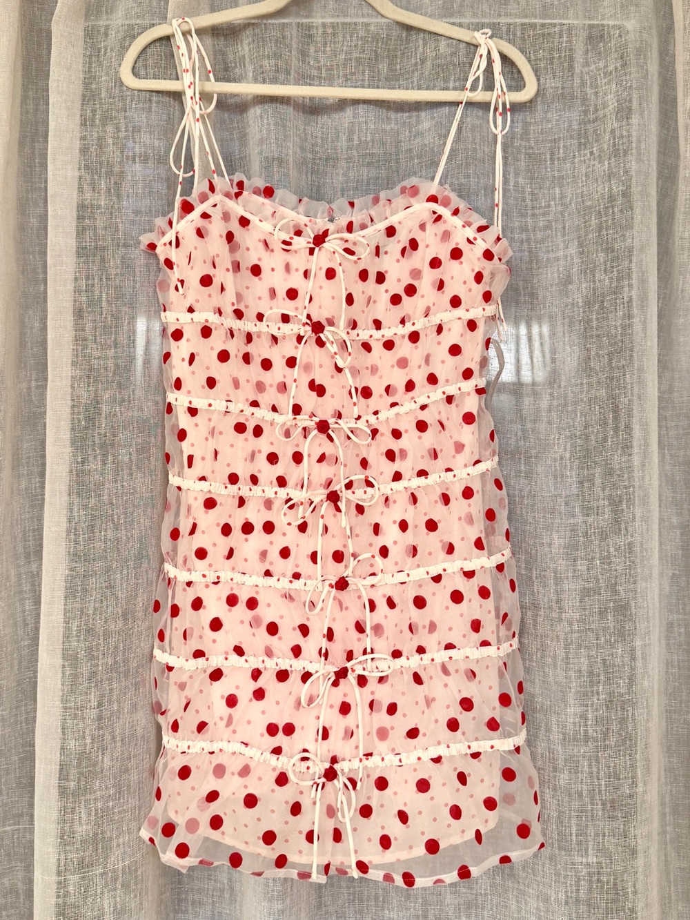NWT For Love & Lemons Sheer Mini Dress with Red Polka Dots